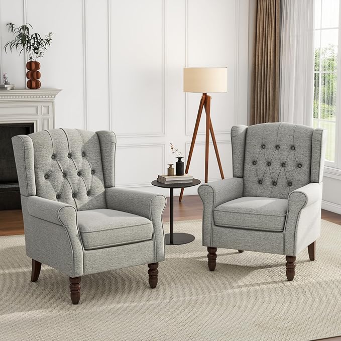UIXE High Back Accent Chairs Set of 2, Upholstered Armchair in Fabric, Retro Wingback Arm Chair for Living Room, Comfy Single Sofa Bedroom Reading Seat with Solid Wood Legs - Light Gray-Ruum Studio Home