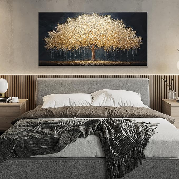 Wall Art Gold Tree Of Life Modern Wall Art Artwork Canvas Art Wall Decor Painting Gold Tree Pictures Abstract Wall Decor For Living Room Bedroom Dining Room Home Office Artwork Ready To Hang 24"X 48"-Ruum Studio Home