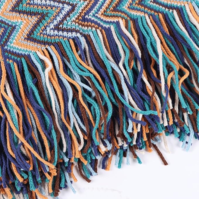 Boho Throw Blanket - Bohemian Fringe Tassels， for Bed Couch Soft ChairBlanket Double Sided (50"x70") (Blue)-Ruum Studio Home