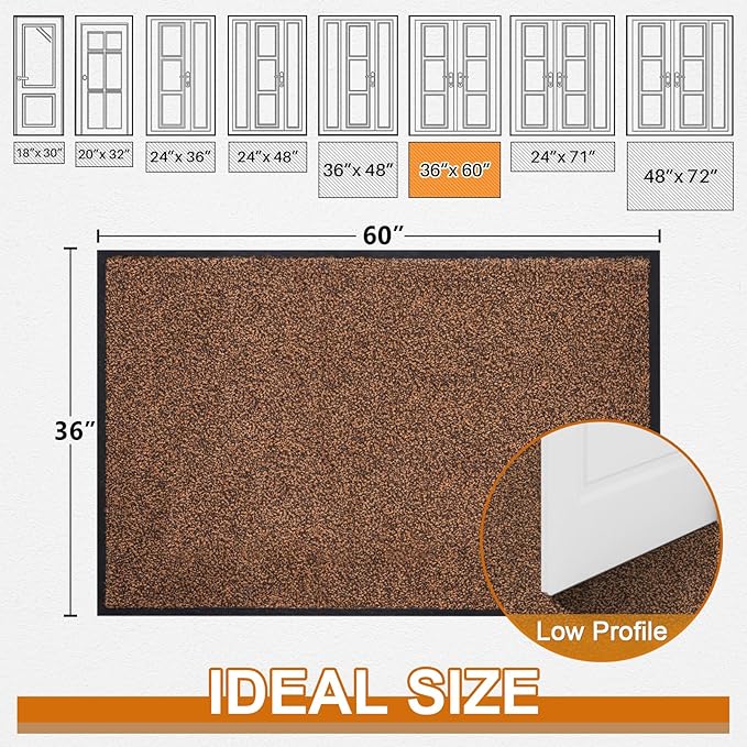 Mibao Front Door Mat, Dirt Trapper Welcome Mat for Outdoor Indoor, Non-Slip Waterproof Doormat, Durable Machine Washable Low Profile Entry Rug for Back Door Outside Patio Porch, 60" x 36", Brown-Ruum Studio Home