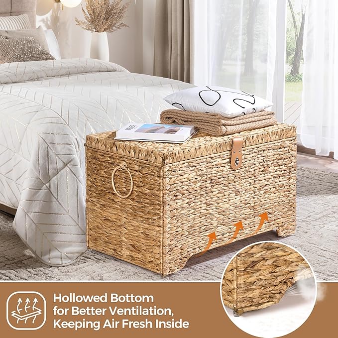 Handwoven Storage Basket with Lid, 165L Wicker Storage Bin, Natural Water Hyacinth, Leather Buckle & Metal Frame, Metal Ring Handles for Easy Transport, Storage Chest & Trunk for Bedroom, Living Room-Ruum Studio Home