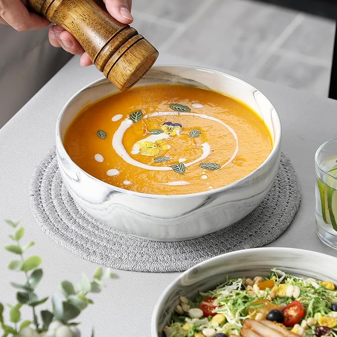 MALACASA Large Serving Bowls, 60 OZ (8'') Salad Bowls Set of 2, Ceramic Mixing Bowls for Kitchen, Serving Bowl for Soup, Pasta, Side Dishes and Entertaining, Marble Grey, Series REGULAR-Ruum Studio Home