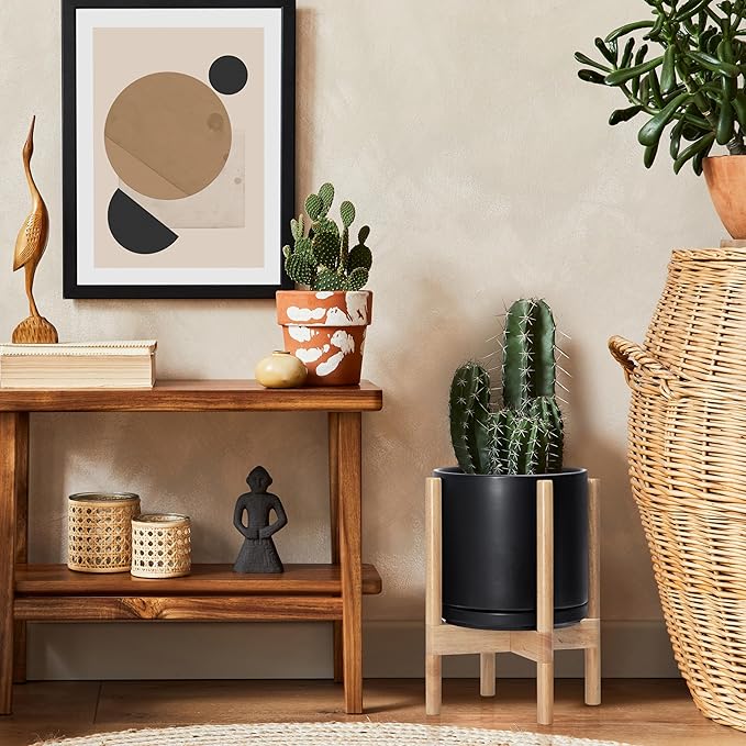 D'vine Dev Ceramic Planter with Natural Stand - 10 Inch Modern Round Flower Pot with Wood Planter Holder, Black, 55-B-K-2-Ruum Studio Home