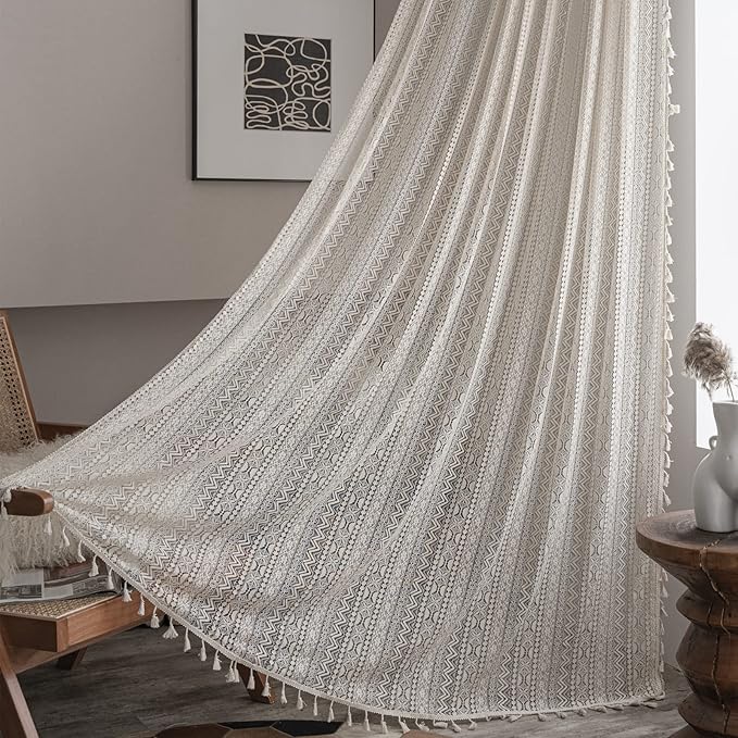Sutuo Home Crochet Boho Curtain 96 Inches Length, Sheer Lace Handmade Tassels Knitted Window Treatment Vintage Rustic Bohemian Farmhouse Drape for Bedroom Rod Pocket 1 Panel 59" W x 96" L, Beige Wave-Ruum Studio Home