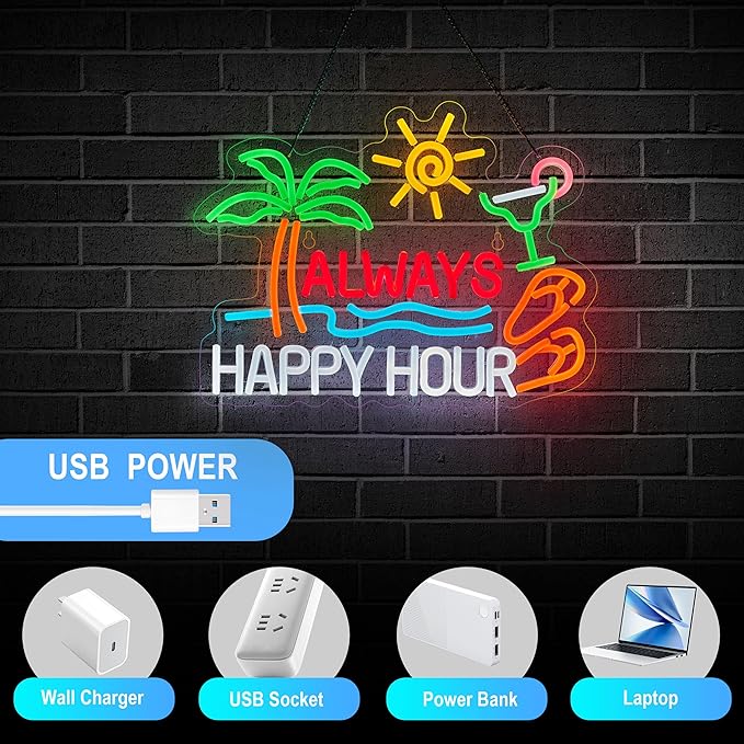Always Happy Hour Beer Bar Neon Sign for Wall Décor Dimmable USB LED Neon Light for Home Tiki Bar Decor Man Cave Parties Gift-Ruum Studio Home