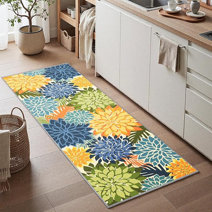 Area Rug 2x6 Yellow Green Washable Entry Rug Multicolored Tropical Botanical Modern Floral Indoor Kitchen Door Mat Entrance Carpet Non Slip for Bedroom Living Room, Porch-Ruum Studio Home