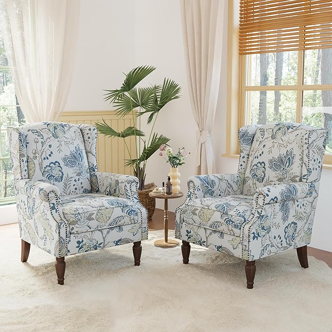 Lumibee Wingback Accent Chair, 2 Set High Back Floral Armchairs in Fabric,Comfy Upholstered Reading Single Sofa Chairs with Solid Wood Legs for Living Room,Bedroom,Office-Plants Blue-Ruum Studio Home