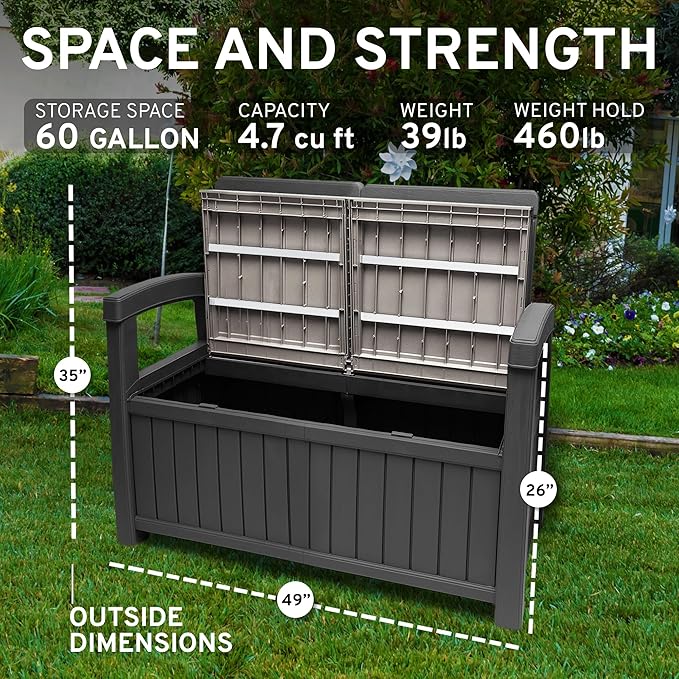 EconoHome 2 Seat Outdoor Storage Bench with Rain Cover - 60 Gallon Capacity - Weatherproof Resin Bench for Patio, Porch, Garden, Yard, Pool Area - Furniture for Pool Accessories, Gardening Tools-Ruum Studio Home