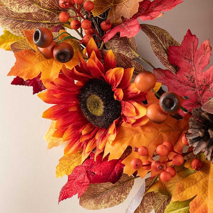 Glitzhome 24''D Fall Wreath with Hanger, Artificial Autumn Wreath for Front Door with Sunflower, Pinecone and Berry, Harvest Wreaths Decor for Indoor Outdoor Holiday Decoration-Ruum Studio Home