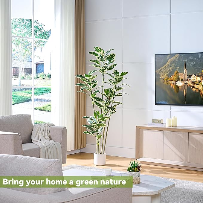 Artificial Rubber Plant 6FT Faux Plants Indoor Fake Rubber Tree with White Planter, Tall Fake Plants Potted Tree Floor Plant in Pot, Artificial Trees for Home Office Room Outdoor Decor-Ruum Studio Home