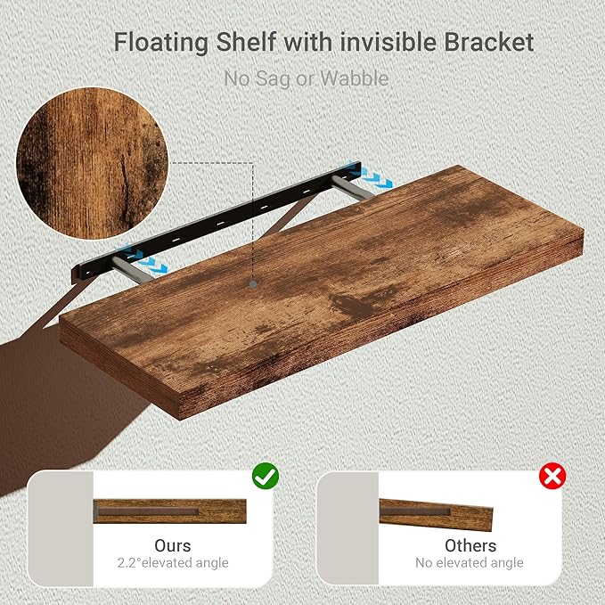 Floating Shelves for Wall 24 inchs Long, 9.1” Deep x 1.5” Thick Wall Shelves for Bedroom, Living Room, Bathroom，Kitchen, Office, Rustic Farmhouse Shelf Decor with Invisible Bracket, Set of 2-Ruum Studio Home