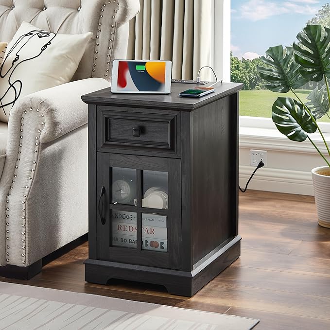 Farmhouse XXL End Table with Charging Station, Side Table with USB Ports and Outlets, Nightstand with Drawer and Glass Door Storage, Grey Bedside Tables for Living Room, Bedroom, Office-Ruum Studio Home