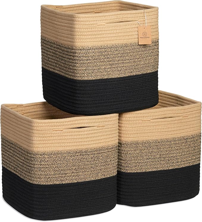 NaturalCozy Storage Cubes 11 Inch Cotton Rope Woven Baskets for Organizing, 3-Pack | Cube Storage Bin | Square Storage Baskets for Shelves Organizer, Classroom, Kids Toy Bins, Closet, Baby Nursery-Ruum Studio Home
