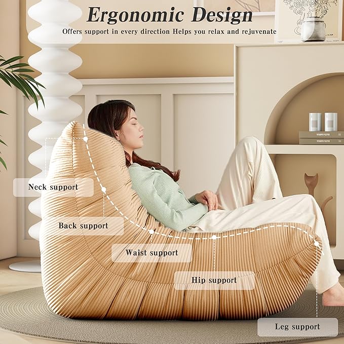 Bean Bag Chair, Lazy Floor Sofa Couch for Adults and Kids, Fireside Chair with Ergonomic Design, Memory Foam Lounge Chair for Living Room Bedroom, Office, Yellow-Ruum Studio Home
