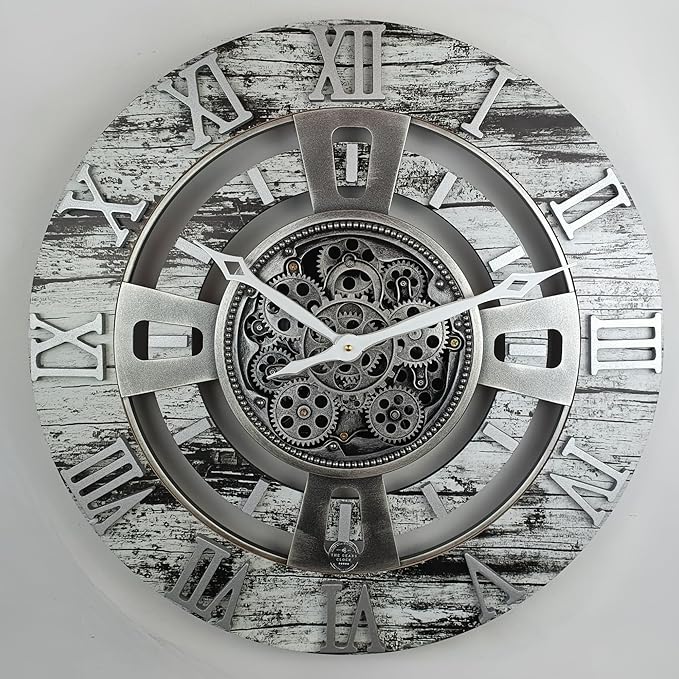 The Gears Clock 24'' Inch Real Moving Gear Wall Clock England Line (Grey & White, 24 inches (60 cm))-Ruum Studio Home