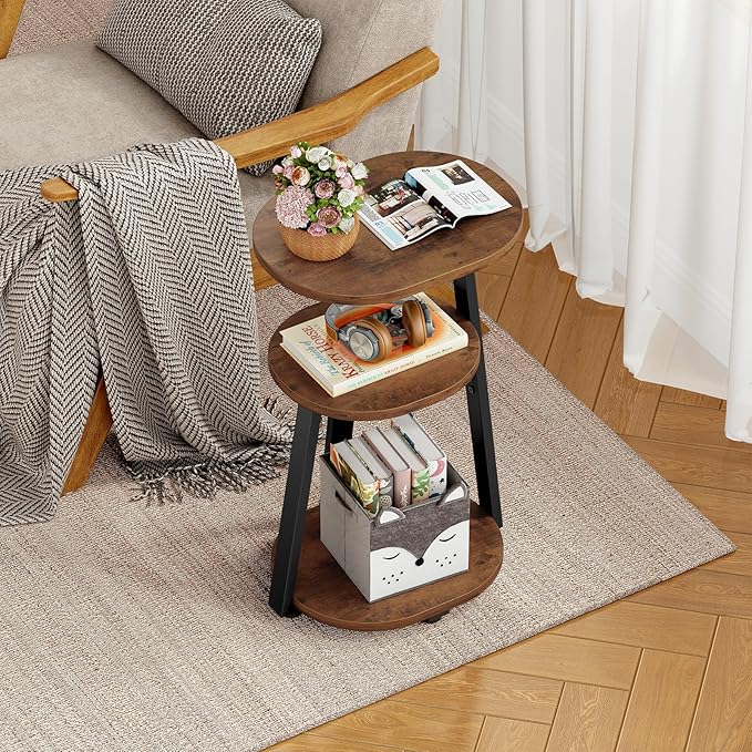 Side Table, Small End Table with Metal Frame, 3-Tier Bedside Tables, Round Side Tables for Living Room Bedroom Couch Bathroom, Oval, Vintage Brown-Ruum Studio Home