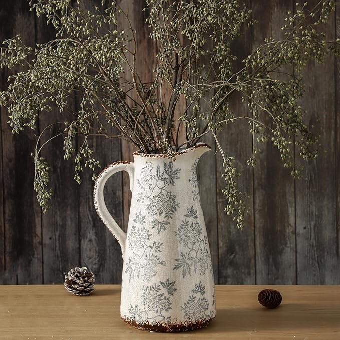 Enra Blue and White vase with Handle,12.2 inch Ceramic Vintage Decorative Flower Pitcher vase, Chinoiserie Floral Vase,Large Rustic Vases for Home Decors, Living Room, Bookshelf, Office-Ruum Studio Home