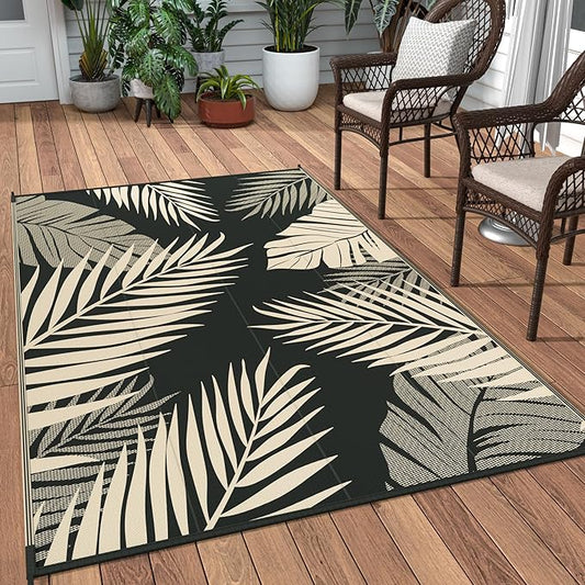 GENIMO Outdoor Rug 3' x 5' Waterproof for Patios Clearance, Reversible Outdoor Plastic Straw Camping Rug Carpet, Large Area Rugs Mats for RV, Camper, Deck, Balcony, Porch, Beach, Picnic, Black&Beige-Ruum Studio Home