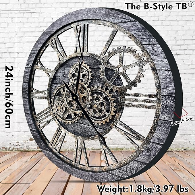 The B-Style Large Wall Clock 24 inch Moving Gear Wall Clock Oversized Vintage Farmhouse Wall Clocks for Living Room Decor Decorative Rustic Industrial Wood Clock (Carbon Gray)-Ruum Studio Home
