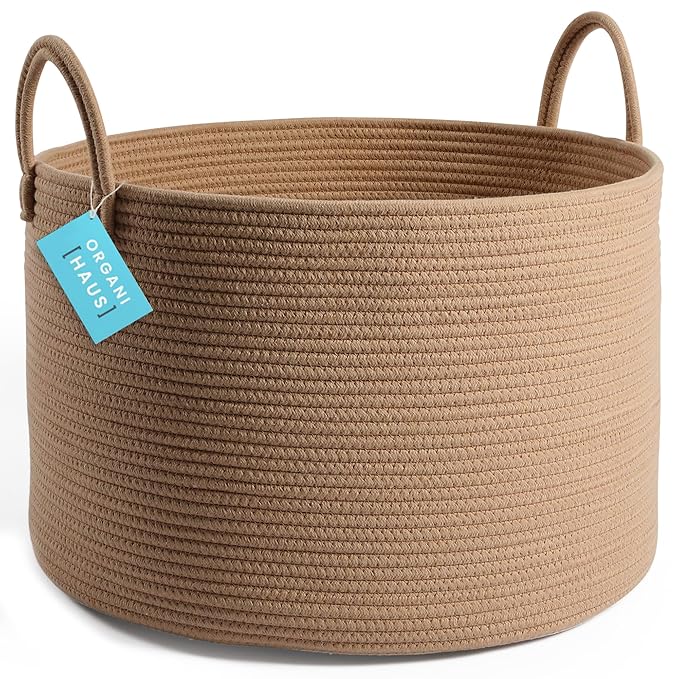 OrganiHaus Large Laundry Basket, Woven Cotton Rope Basket for Blankets, Toy Storage, Nursery Hamper, Living Room Decor Organizer, Soft & Durable Hamper with Handles, 20x13 inches - Honey-Ruum Studio Home