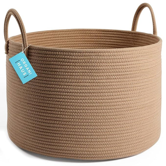 OrganiHaus Large Laundry Basket, Woven Cotton Rope Basket for Blankets, Toy Storage, Nursery Hamper, Living Room Decor Organizer, Soft & Durable Hamper with Handles, 20x13 inches - Honey-Ruum Studio Home
