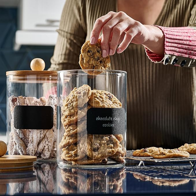 Set of 2 Large Glass Canisters for Kitchen Counter with Airtight Bamboo Lids + Marker & Labels - Cookie Jars with Wooden Lid, Food Storage Containers for Pantry, Flour Pasta Candy Coffee Pods - 68oz.-Ruum Studio Home