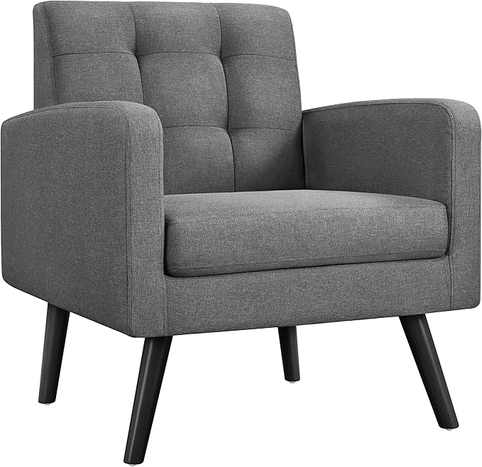 Yaheetech Modern Living Room Chair, Mid-Century Armchair Button Tufted Back and Wood Legs, Vintage Lounge Chair for Bedroom/Home Office/Study, Gray-Ruum Studio Home