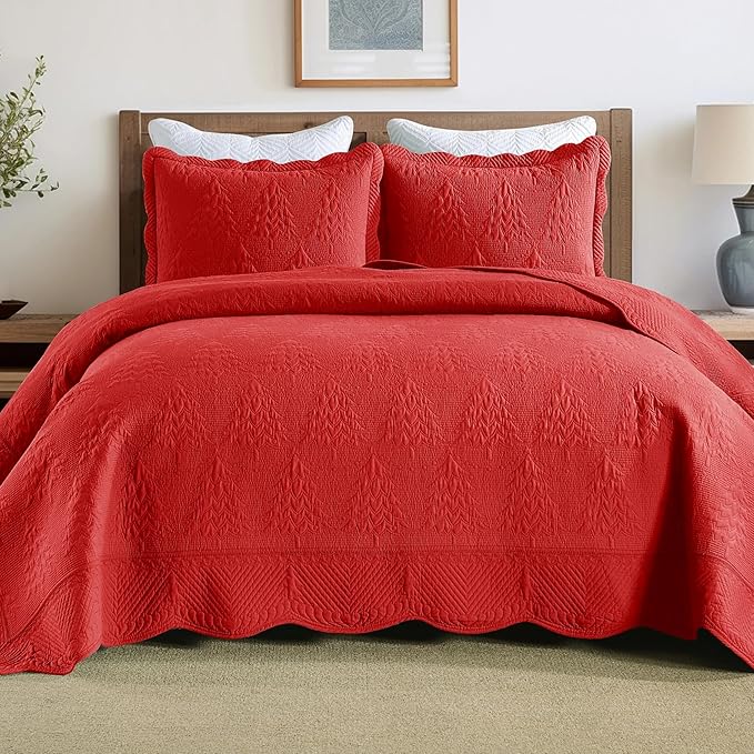MarCielo 3-Piece Christmas Quilt 100% Cotton Oversized Bedspread Lightweight Coverlet Embroidery Christmas Tree Pattern Bedding Set (TC Red, Oversized King (118"x106"))-Ruum Studio Home