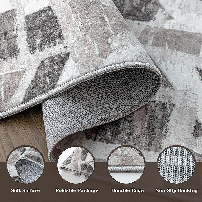 Modern Abstract 8X10 Area Rug for Living Room Bedroom Washable, with Non-Slip Rubber Backing Print Faux Wool Thin, Grey Throw Large Carpet for Kids Playroom Dining Room Pet & Child Friendly-Ruum Studio Home