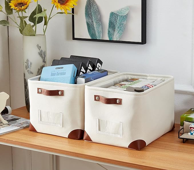 DECOMOMO White Storage Bins Fabric Storage Baskets for Shelves & Linen Closet Organization (Creamy White W/Label holder, Large - 3 Pack)-Ruum Studio Home