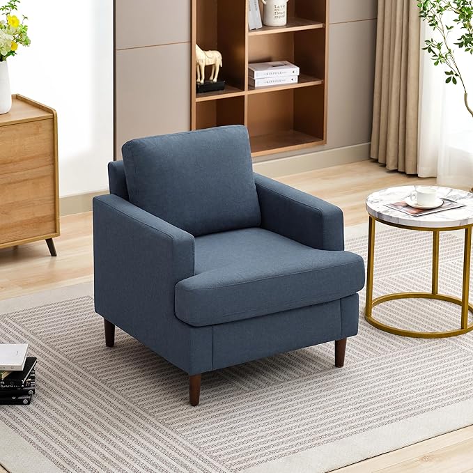 Mid-Century Accent Chair,Modern Linen Fabric Armchair for Living Room,Comfy Upholstered Reading Accent Chairs for Bedroom,Single Sofa Chair with Wood Legs (Blue Grey, 1 Pack)-Ruum Studio Home