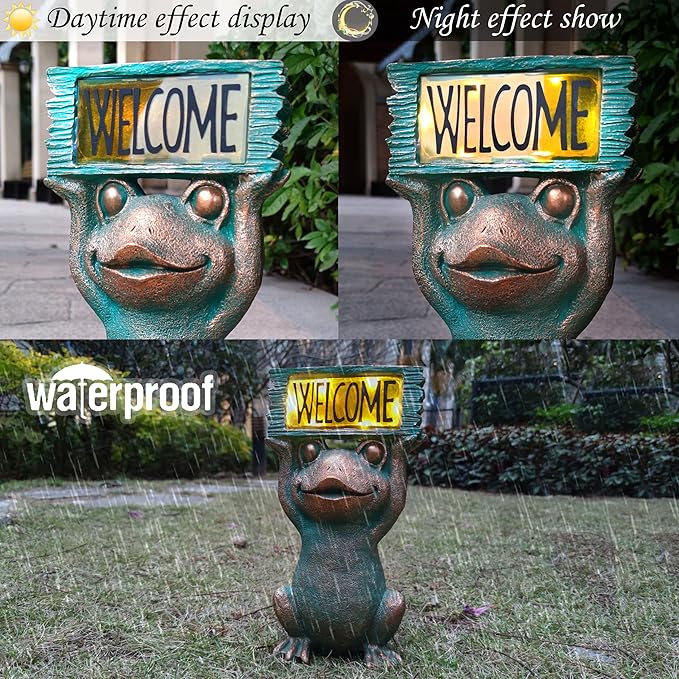 Frog Solar Welcome Garden Statues Outdoor Décor- Frog Figurines Solar LED Light Lawn Ornaments - Yard Decorations for Patio, Balcony, Backyard -Unique House Warming Gifts for Mom-Ruum Studio Home