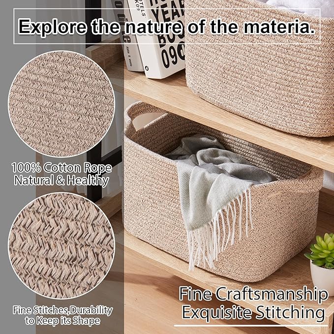 OIAHOMY Storage Basket, Woven Baskets for Storage, Cotton Rope Basket for toys,Towel Baskets for Bathroom - Pack of 3, Pure Brown-Ruum Studio Home