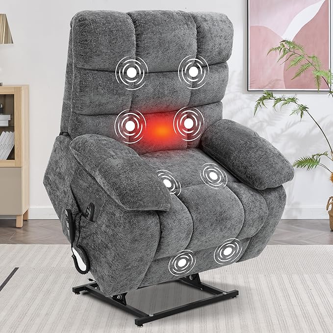 Power Lift Recliner Chair for Elderly People, Lay Flat Recliner with Vibration Massage and Lumbar Heating, Lift Chair with Infinite Position and 2 Remote Controls, Chenille Fabric Gray-Ruum Studio Home