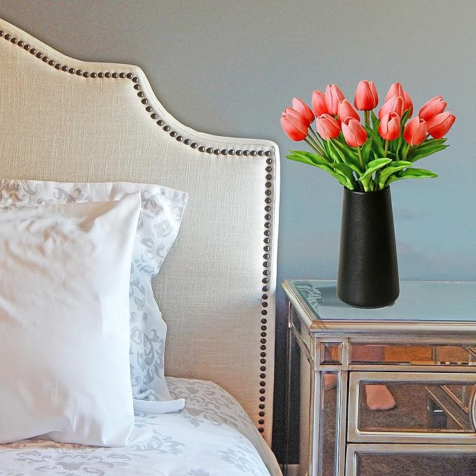 Mandy's Artificial Tulips 20 Stems Coral PU Faux Flowers for Wedding Home Decor 13.5 Inch-Ruum Studio Home