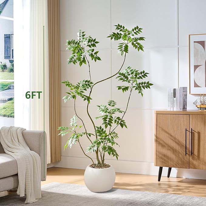 Artificial Mahonia Fortunei Tree 6ft,Tall Fake Plant Artificial Sumac Tree, Faux Plants Indoor Fake Plants Decor with Pots for Home Office Bathroom Bedroom Living Room Decorations Housewarming-Ruum Studio Home