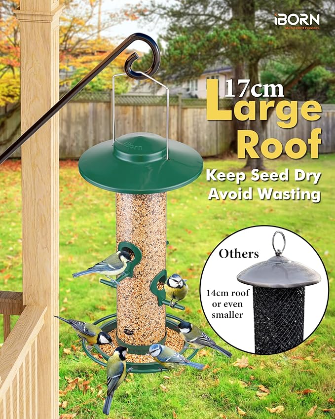iBorn Bird Feeders for Outdoors, 2LB Metal Bird Feeders 17cm Large Roof &Tray, 4 Feeding Ports, Green Finish-Ruum Studio Home