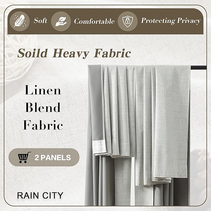RAIN CITY Natural Blackout Curtains 96 Inch Long 2 Panels Set,Back Tab/Rod Pocket/Pleated Look with Hooks,Linen Blend Textured Rustic Farmhouse Heat Insulated Summer Drapes for Living Room 50W x 96L-Ruum Studio Home