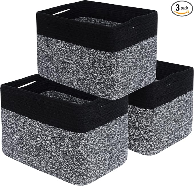 MINTWOOD Design 3-Pack Storage Baskets for Shelves, Playroom and Classroom Storage Basket, Book Basket, Decorative Storage Cube Bins, Woven Closet Organizers, Pantry and Shoe Organizer, Black Grey Mix-Ruum Studio Home
