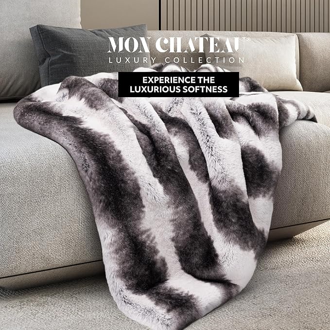 Mon Chateau Luxury Printed Faux Fur Throw with 6cm Foldover for Couch, Sofa, or Bed - Plush Ultra Soft Blanket for Sleeping or Home Décor, 60" x 70" (Striped)-Ruum Studio Home