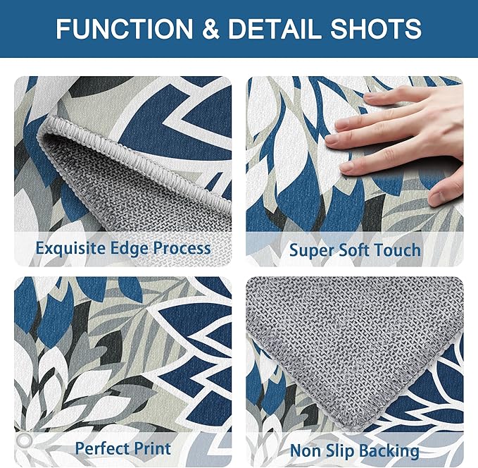 Area Rug 2x6 Blue White Washable Entry Rug Multicolored Tropical Botanical Modern Floral Indoor Kitchen Door Mat Entrance Carpet Non Slip for Bedroom Living Room, Porch-Ruum Studio Home