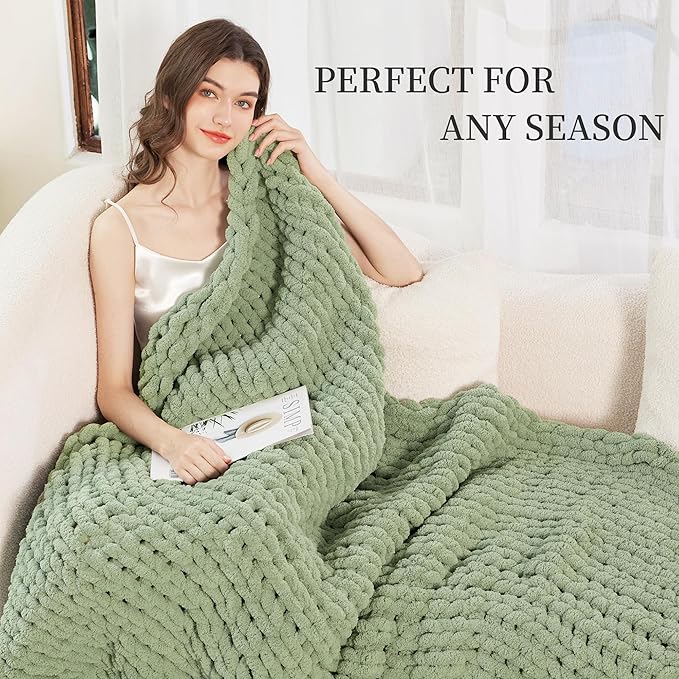 Admitrack Chunky Knit Blanket Throw, 100% Hand Knit Chenille Throw Blanket for Sofa & Home Decor, Soft and Cozy Knitted Throw Blankets (Sage Green，51"x63")-Ruum Studio Home