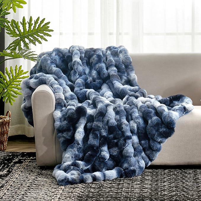Cozy Bliss Faux Fur Throw Blanket for Couch, Fuzzy Soft Plush Thick Bubble Blanket for Sofa Bedroom Living Room, 50 * 60 Inches Tie-dye Blue-Ruum Studio Home