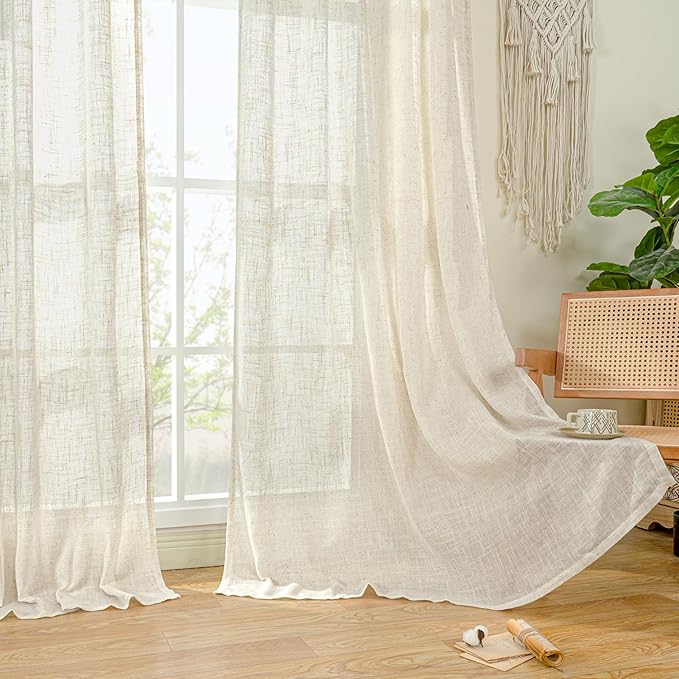 LAMIT Linen Sheer Curtains 84 Inches Long for Living Room, Soft Linen Textured Window Drapes Semi Sheer Light Filtering Bronze Grommet Neutral Panels for Bedroom, Cream Ivory, 2 Panels, 34 x 84 Inch-Ruum Studio Home