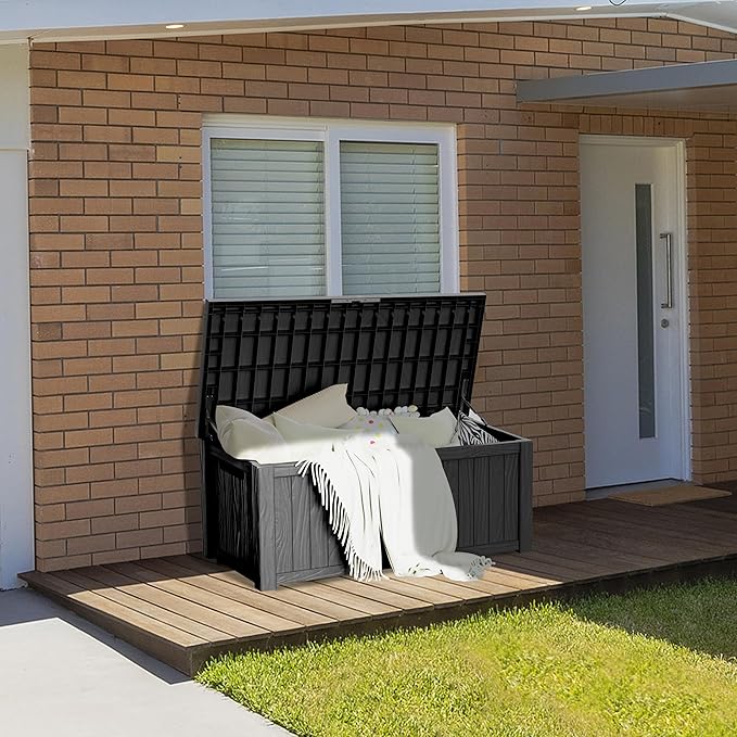 150 Gallon Lockable Resin Deck Box, Waterproof & UV-Resistant Outdoor Storage Box for Outdoor Cushion Storage, Garden Tools & Pool Accessories Storage, Black-Ruum Studio Home