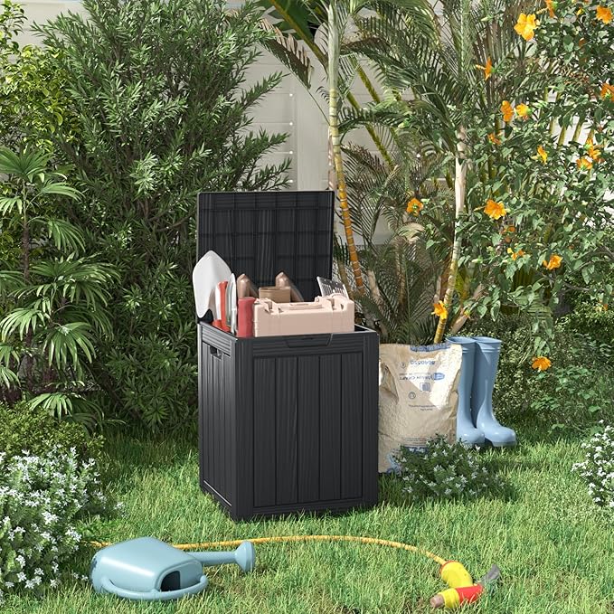 28 Gallon Resin Deck Box, Lockable Patio Outdoor Storage Box for Furniture, Garden Tools and Tools Storage, Waterproof Outside Storage Boxes - Black-Ruum Studio Home