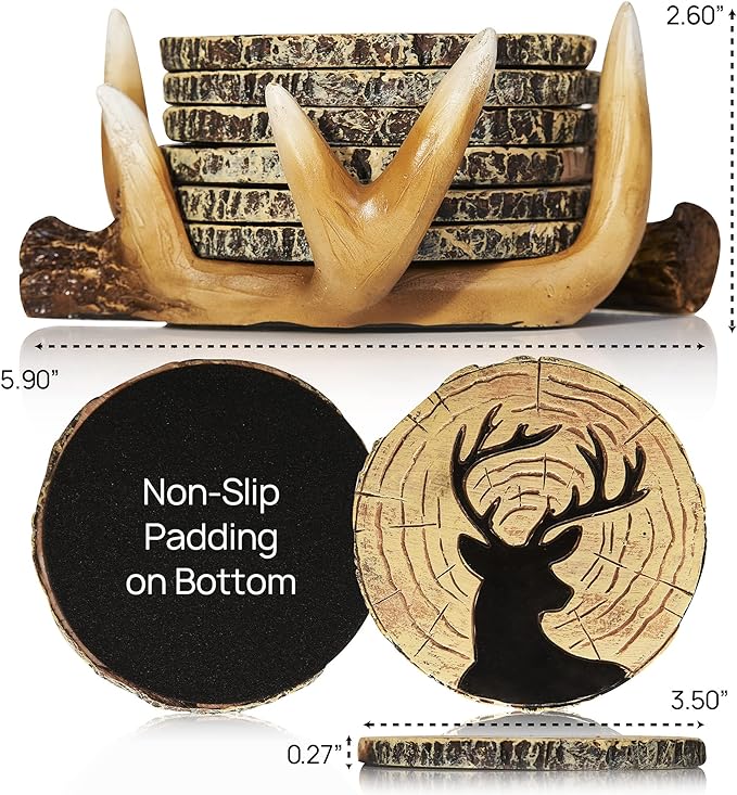 Deer Antlers Coaster Set of 6 – Handcrafted Deer Antler Decor and Man Cave Gifts for Men - 6 Full Size Deer Antlers Coasters for Man Cave Décor-Ruum Studio Home