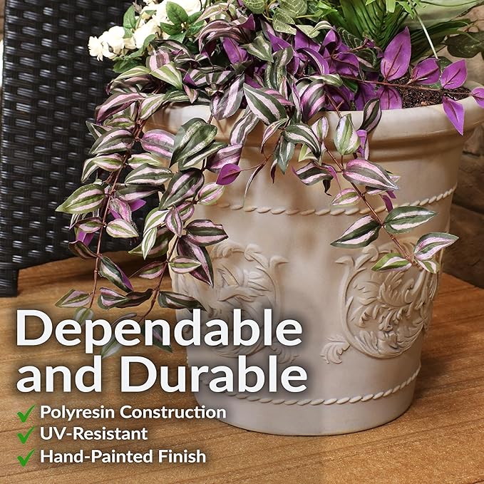 Sunnydaze 19.5-Inch Arabella Large Plant Pot - Polyresin Round Outdoor Planter with Drillable Drainage Holes - 4 Pack - Beige-Ruum Studio Home