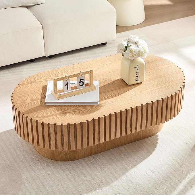 43.7" Oval Coffee Table for Living Room,Modern Handcraft Drum Coffee TableSmall Wooden Coffee Table with Sturdy Pedestal Easy Assembly for Office-Natural-Ruum Studio Home