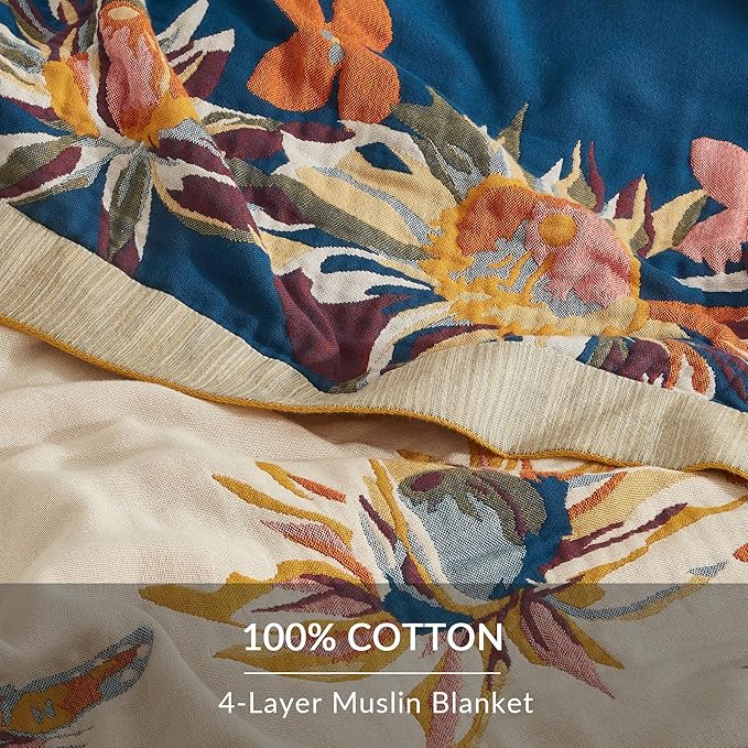 Boho Throw Blanket for Couch Sofa Bed, 100% Cotton Woven Quilt with Tassel 60”x80”, Super Soft Muslin Blanket with Floral Printed, Decorative Reversible Bed Blanket/Cover for All Seasons-Ruum Studio Home